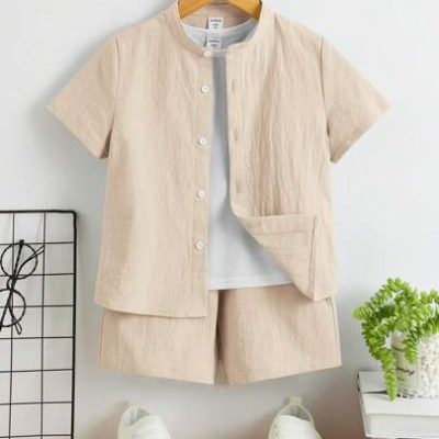 SHEIN Young Boy Short Sleeve Shirt With Stand Collar And Shorts, Comfortable Casual Outfit