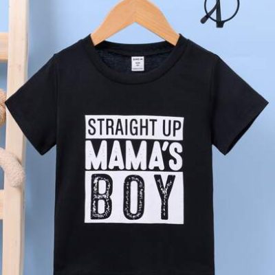 SHEIN Young Boy Short Sleeve Simple White Letter Print Hip Hop Style Black T-shirt For Summer