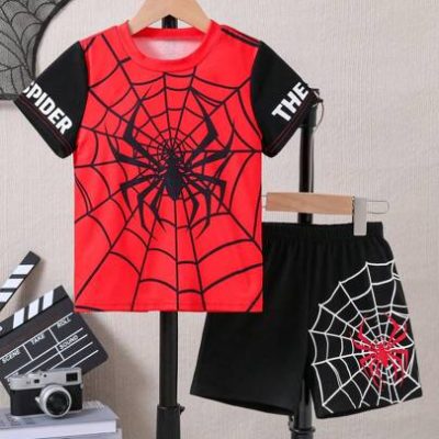 SHEIN Young Boy Spider Pattern Short Sleeve T-Shirt And Shorts Set