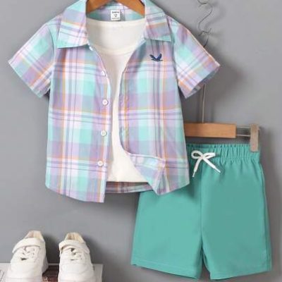 SHEIN Young Boy Spring/Summer Plaid Top And Solid Color Shorts Comfortable And Breathable Outfit