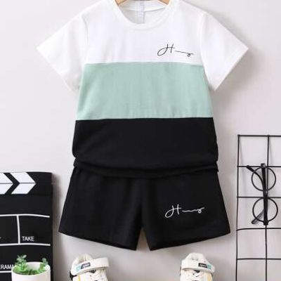 SHEIN Young Boy Street Style Cool Casual Alphabet Color Collision Regular Sleeve Round Neck Two-piece Set For Summer