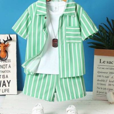 SHEIN Young Boy Striped Print Shirt & Shorts Without Tee