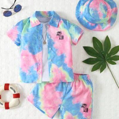 SHEIN Young Boy Tie Dye Coconut Tree Graphic Shirt & Shorts & Hat