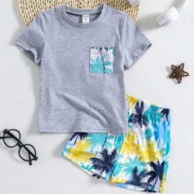 SHEIN Young Boy Toddler Boys’ Vacation-Inspired Palm Tree Printed Short Sleeve T-Shirt And Shorts Set