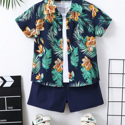 SHEIN Young Boy Tropical Print Shirt & Shorts Without Tee