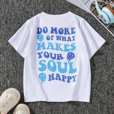 SHEIN Young Boy White Casual T-Shirt With Smiling Face Print On Front And English Print On Back, Short Sleeve, Summer