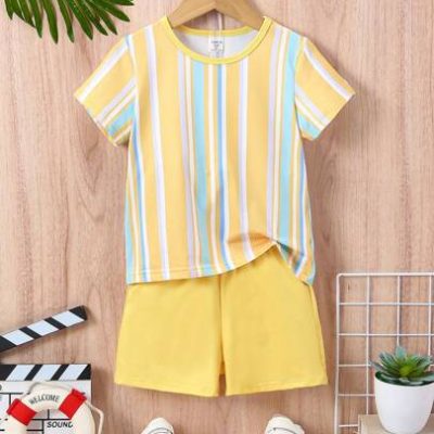 SHEIN Young Boy’s Colorful Striped Pattern Short Sleeve Casual Suit, Suitable For Summer