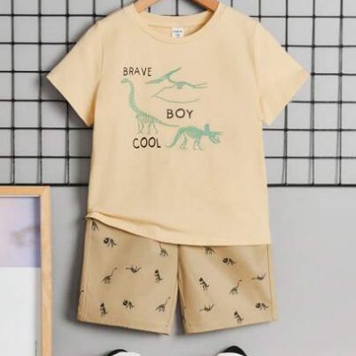 SHEIN Young Boys’ Dinosaur Pattern Short Sleeve T-Shirt And Shorts Casual Comfortable Outfit