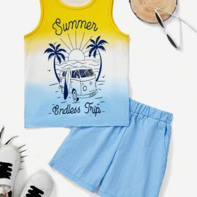 SHEIN Young Boys’ Round Neck Off Shoulder Top And Shorts Set With Cut-Out Design