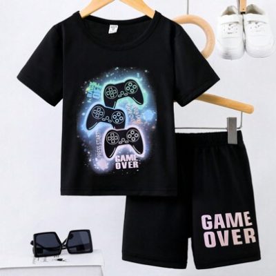 SHEIN Young Boys’ Video Game Console Print Fun And Cute Summer Short Sleeve And Shorts Set