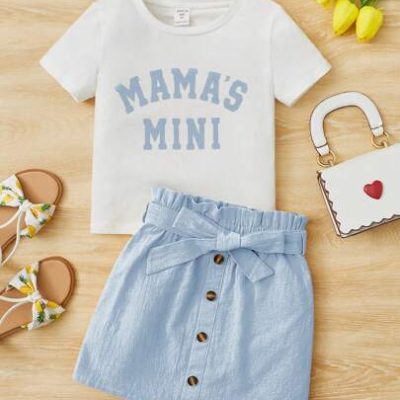 SHEIN Young Girl Casual And Comfortable Short Sleeve T-Shirt With English Letter Print And Matching Skirt Two Piece Set