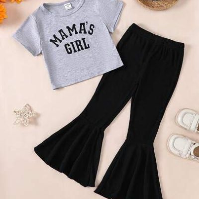 SHEIN Young Girl Letter Print Short Sleeve T-Shirt And Flared Pants Outfit Set