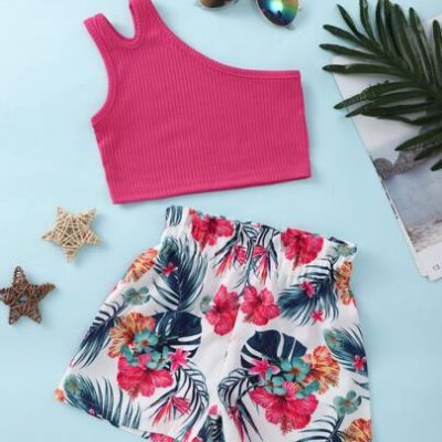 SHEIN Young Girl One Shoulder Cut Out Top & Tropical Print Shorts