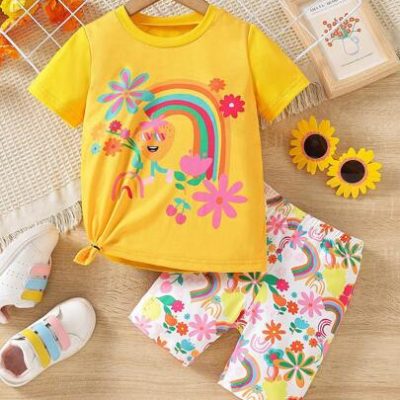 SHEIN Young Girl Rainbow & Floral Print Tee & Shorts