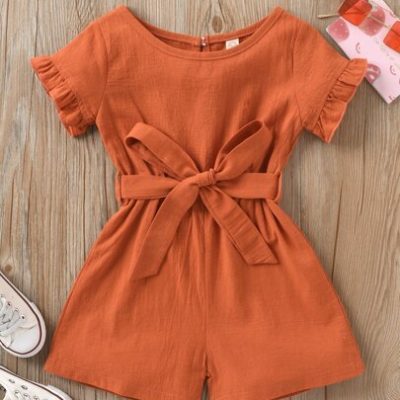 SHEIN Young Girl Ruffle Trim Belted Romper