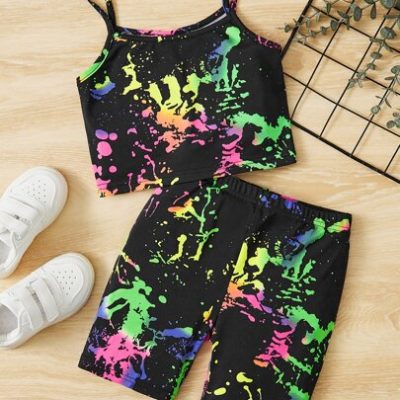 SHEIN Young Girl Splash Ink Print Cami Top & Biker Shorts