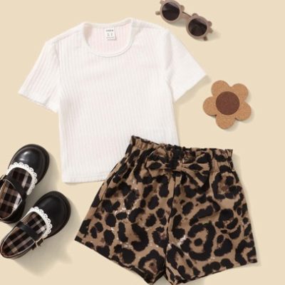 SHEIN Young Girl Toddler Girls Ribbed Knit Tee & Leopard Print Shorts