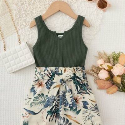 SHEIN Young Girl Tropical Print Notched Neckline Belted Tank Romper
