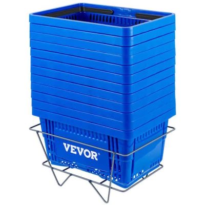 Shopping Baskets 16.9 in. x 11.8 in. x 8.7 in. Blue Store Baskets with Plastic Handle and Iron Stand (Set of 12)