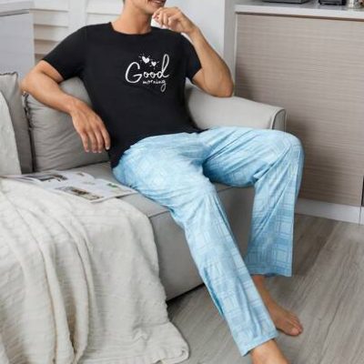 Slogan Print Round Neck Pajamas With Plaid Sleep Pants Home Clothing Set