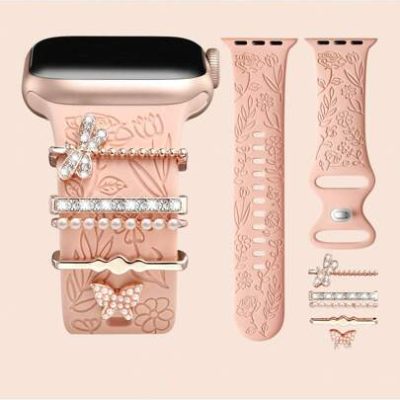 Soft Silicone Sport Band With Decorative Apple Watch Charms For Series 9 8 7 6 5 4 3 2 1 SE (With Band)