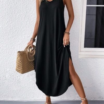 Solid Curved Hem Cami Dress