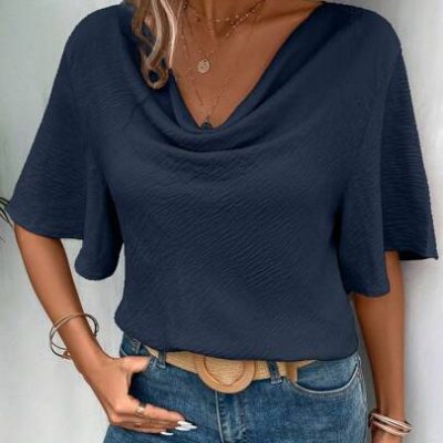 Solid Draped Collar Butterfly Sleeve Blouse