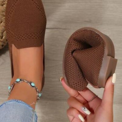 Spring Autumn Knitted Flat Shoes With Slip-on Closure, Soft Breathable, Non-slip Outsole, Comfortable Loafers For Work
