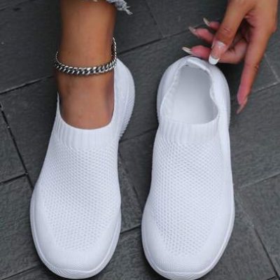 Spring/autumn Stylish & Casual White Knit Lightweight Breathable Slip-on Women’s Running Shoes