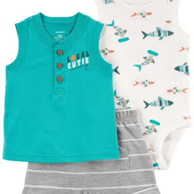 Teal/Grey Baby 3-Piece Fish Little Short Set | carters.com