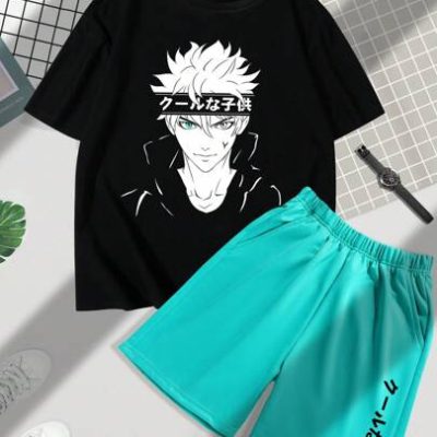 Teen Boy Cartoon Printed T-Shirt And Shorts Summer Casual 2pcs Outfit