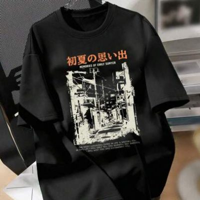 Teen Boy Casual Short Sleeve T-Shirt With Building And Japanese Print Round Neck For Summer