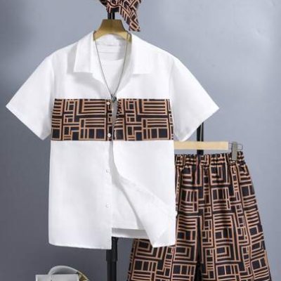 Teen Boy Geometric Printed Collared Shirt, Shorts And Hat 3pcs Set