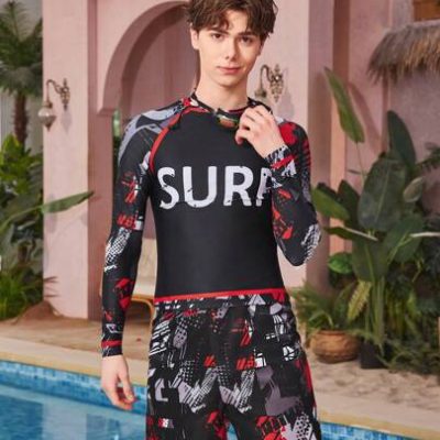 Teen Boy Letter Print Shoulder Insert Long Sleeve Shorts Two-Piece Swimwear Printing Positioning