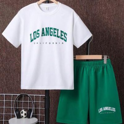 Teen Boy Letter Printed Short Sleeve T-Shirt And Shorts 2pcs/Set