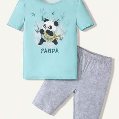 Teen Boy Panda Print Round Neck Short Sleeve & Shorts Snug Fit Casual Two Piece Homewear Set