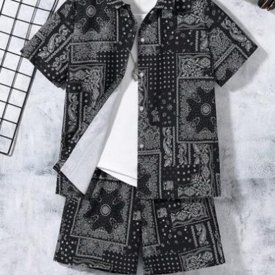 Teen Boy’s 3pcs Short Sleeve Shirt, Vest And Shorts Set With Paisley Pattern