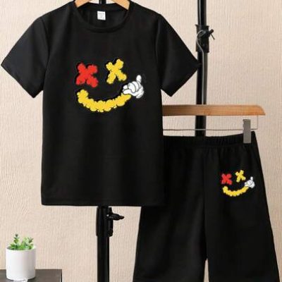 Teen Boys’ Cartoon Printed Short Sleeve T-Shirt And Shorts 2pcs/Set