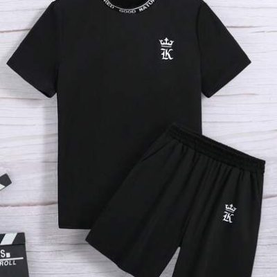 Teen Boy’s Crown Pattern Short Sleeve T-Shirt & Shorts Two Piece Set