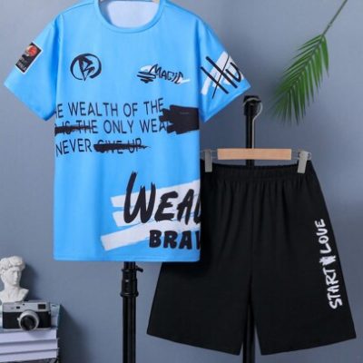 Teen Boy’s Letter Printed T-Shirt And Elastic Waist Shorts Set