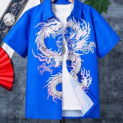 Teen Boys Short Sleeve Dragon Printed Shirt, Suitable For Summer