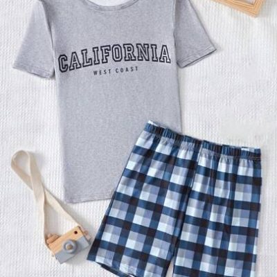 Teen Boys” Simple Black & Grey Plaid Shorts And Short Sleeve T-Shirt Set, Casual Snug Fit Homewear