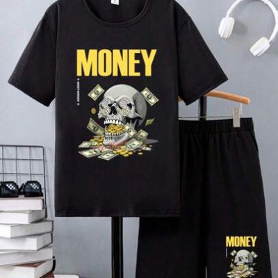 Teen Boys Skull & Letter Print Summer Short Sleeve T-Shirt And Shorts Set