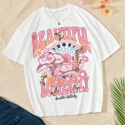 Teen Girl Cartoon & Letter Graphic Tee