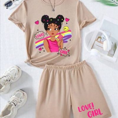 Teen Girl Character Print Simple Round Neck Short-Sleeved Two-Piece Set