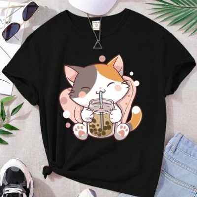 Teen Girl Cute Cat And Drink Print Tee