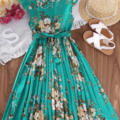 Teen Girl Floral Print Ruffle Trim Pleated Hem Belted Dress