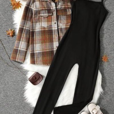 Teen Girl Plaid Print Flap Pocket Shirt & Cami Jumpsuit