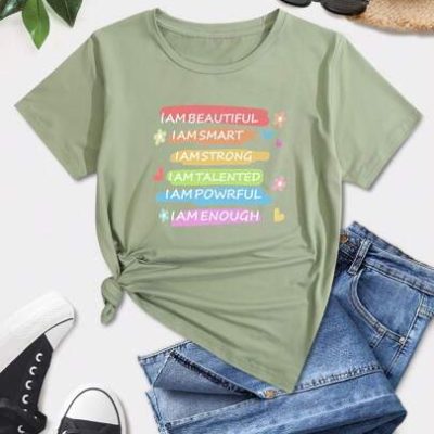 Teen Girl Printed Slogan Short Sleeve T-Shirt