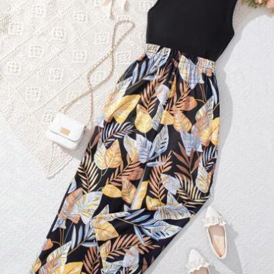 Teen Girl Solid Color Tank Top & Tropical Leaf Print Wide Leg Pant